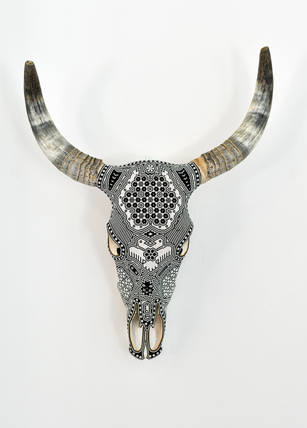 Huichol Beaded Skull: Beaded Skull - Black & White with Bird Motif