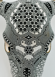 Huichol Beaded Skull: Beaded Skull - Black & White with Bird Motif