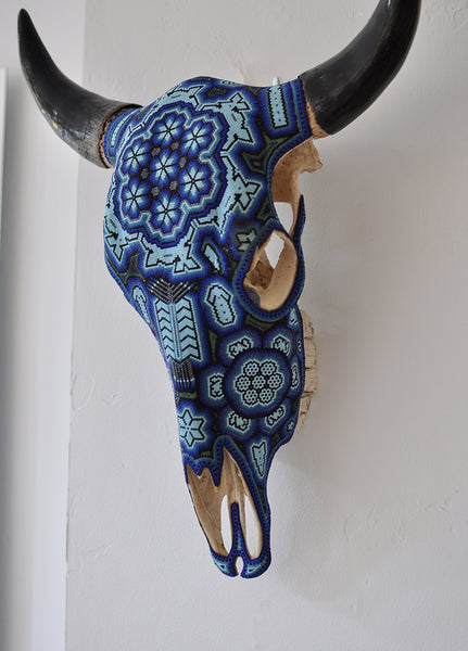 Huichol Beaded Skull: Blue with Rabbits, Flowers & Scorpion Motif