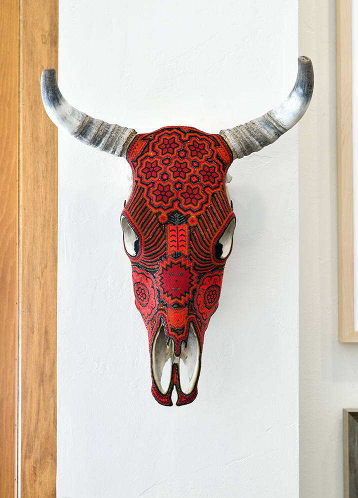 Huichol Beaded Skull:  Beaded Skull - Red & Orange, Smile Motif