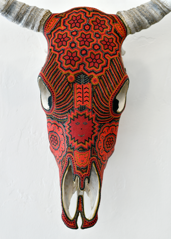 Huichol Beaded Skull:  Beaded Skull - Red & Orange, Smile Motif