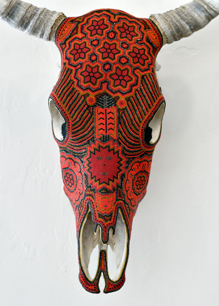 Huichol Beaded Skull:  Beaded Skull - Red & Orange, Smile Motif