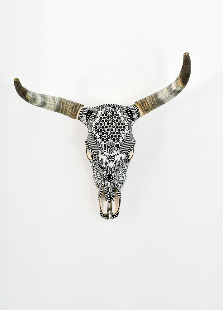 Huichol Beaded Skull:  Beaded Skull - Black & White with Bird Motif