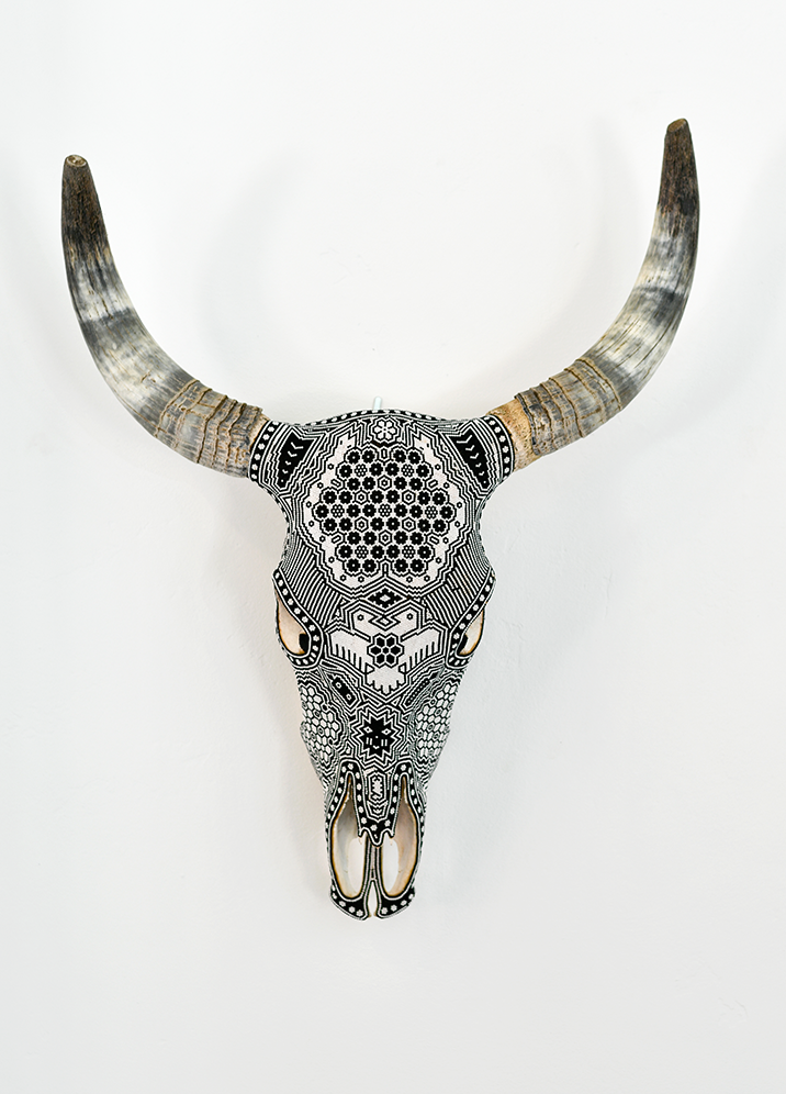 Huichol Beaded Skull:  Beaded Skull - Black & White with Bird Motif