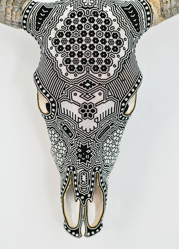 Huichol Beaded Skull:  Beaded Skull - Black & White with Bird Motif