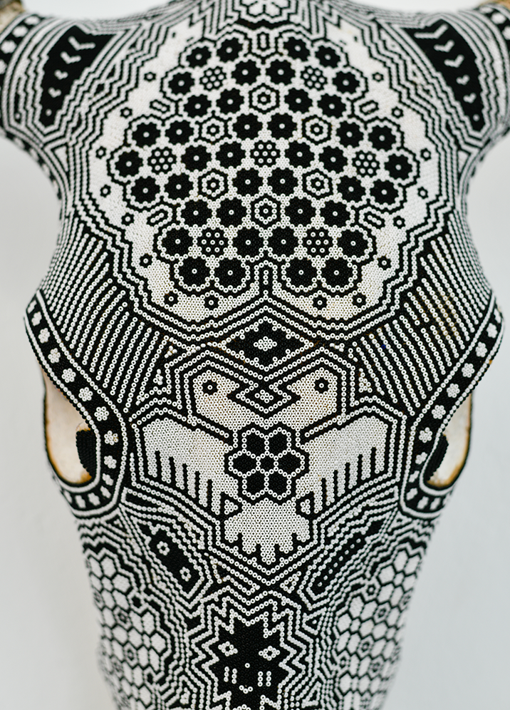 Huichol Beaded Skull:  Beaded Skull - Black & White with Bird Motif