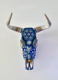 Huichol Beaded Skull:  Blue with Animal and Flower Totem