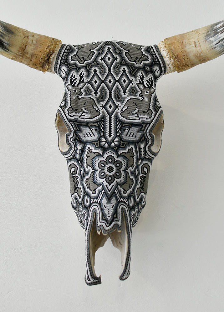 Huichol Beaded Skull:  B&W with Mirrored Deer