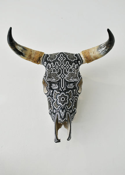 Huichol Beaded Skull:  B&W with Mirrored Deer