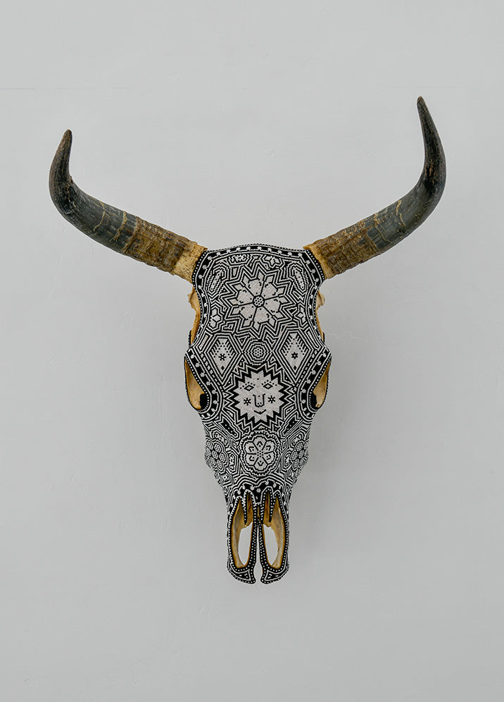 Huichol Beaded Skull:  Beaded Skull - Black & White with Smile