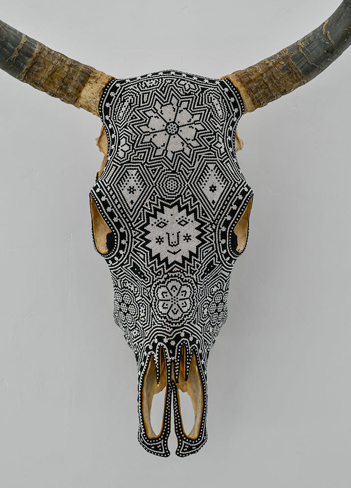 Huichol Beaded Skull:  Beaded Skull - Black & White with Smile