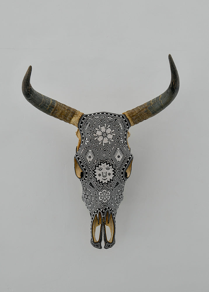 Huichol Beaded Skull:  Beaded Skull - Black & White with Smile