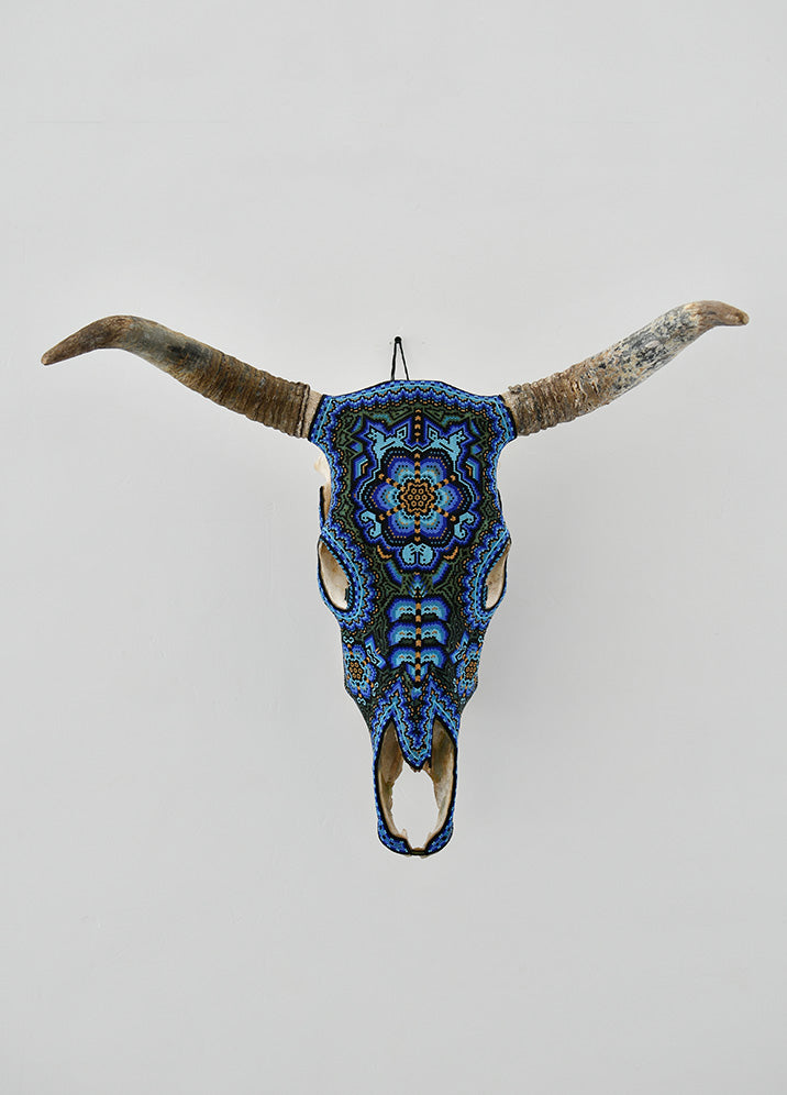 Huichol Beaded Skull:  Beaded Skull - Blue & Green