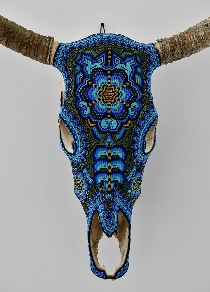 Huichol Beaded Skull:  Beaded Skull - Blue & Green