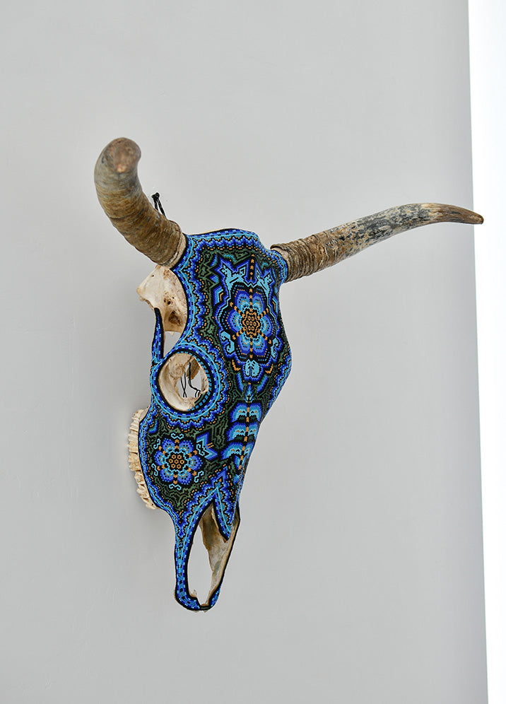 Huichol Beaded Skull:  Beaded Skull - Blue & Green