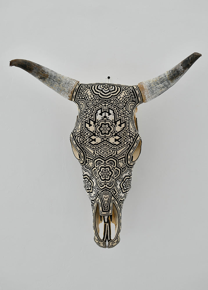Huichol Beaded Skull:  Beaded Skull - Black & Off-white with Coyote Heads