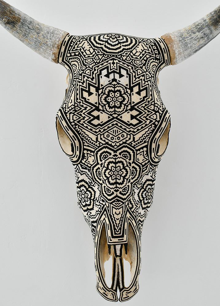 Huichol Beaded Skull:  Beaded Skull - Black & Off-white with Coyote Heads
