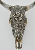 Huichol Beaded Skull:  Beaded Skull - Black & Off-white with Coyote Heads