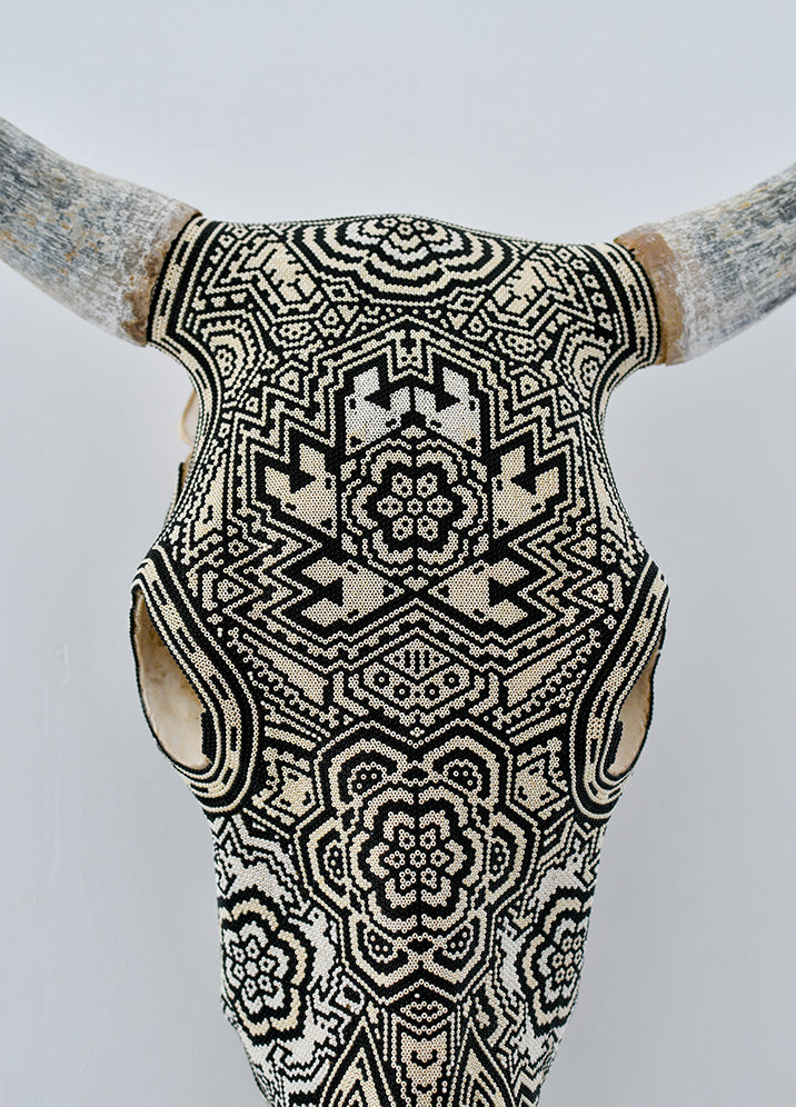 Huichol Beaded Skull:  Beaded Skull - Black & Off-white with Coyote Heads