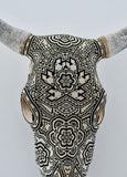 Huichol Beaded Skull:  Beaded Skull - Black & Off-white with Coyote Heads