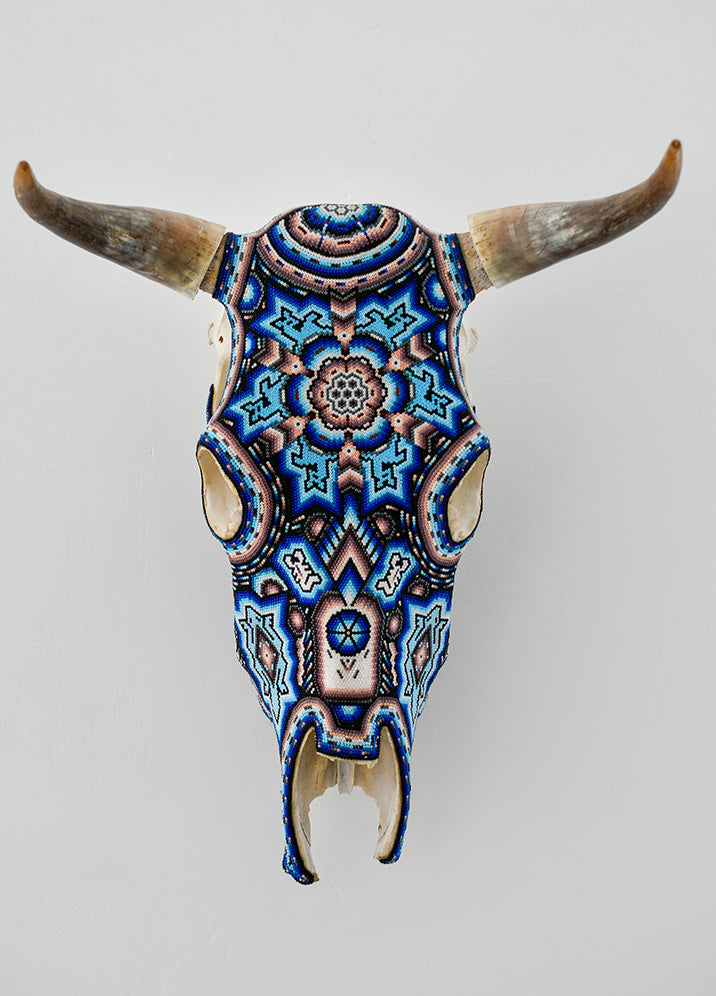 Huichol Beaded Skull:  Beaded Skull - Blue, Brown, Pink