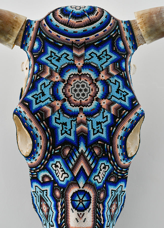 Huichol Beaded Skull:  Beaded Skull - Blue, Brown, Pink