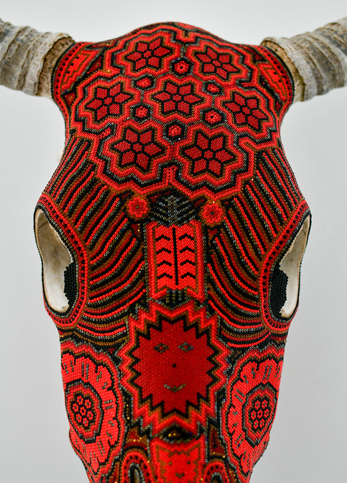 Huichol Beaded Skull:  Beaded Skull - Red & Orange, Smile Motif