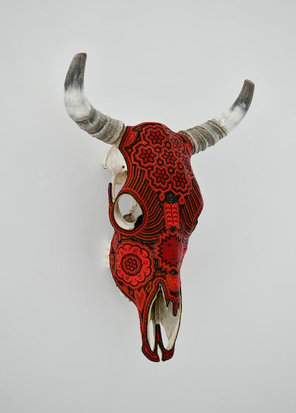 Huichol Beaded Skull:  Beaded Skull - Red & Orange, Smile Motif