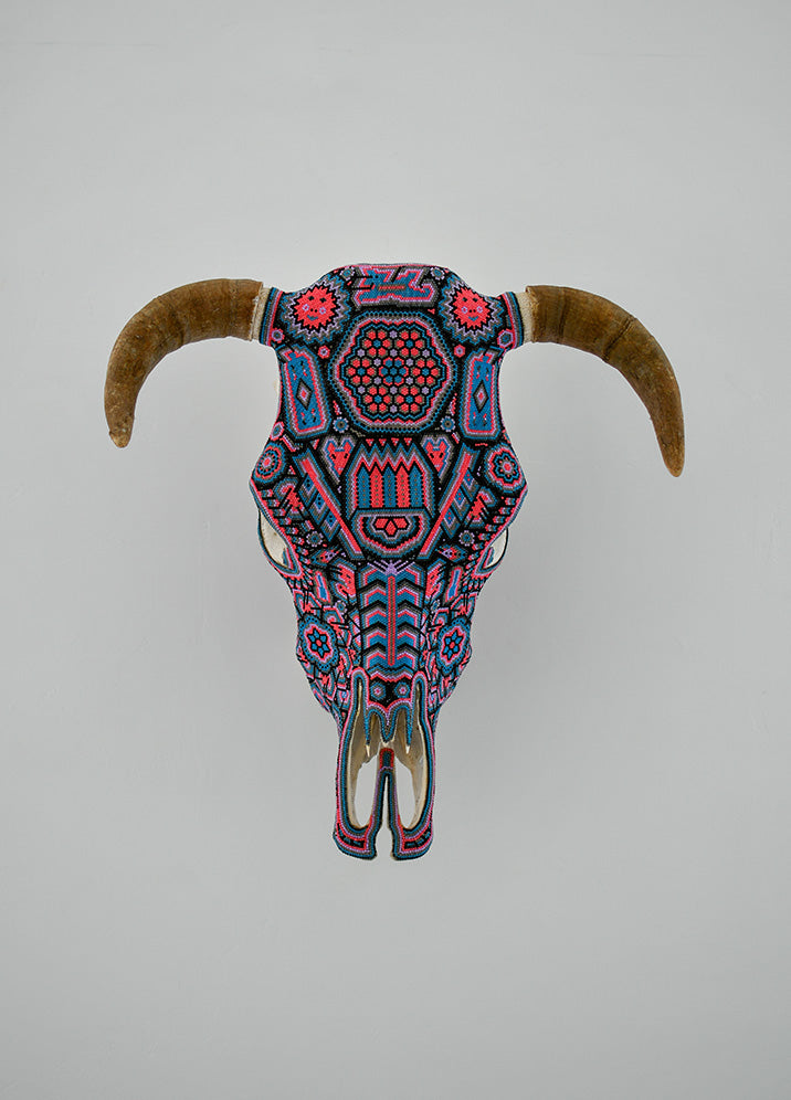 Huichol Beaded Skull:  Beaded Skull - Blue, Brown, Pink with Scorpions, Lizards, and Deer