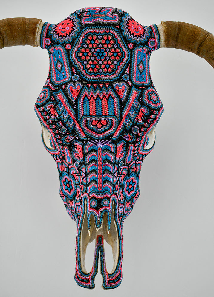 Huichol Beaded Skull:  Beaded Skull - Blue, Brown, Pink with Scorpions, Lizards, and Deer