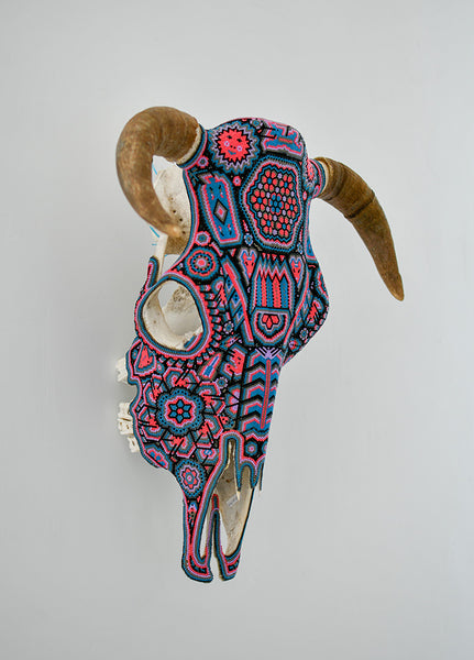 Huichol Beaded Skull:  Beaded Skull - Blue, Brown, Pink with Scorpions, Lizards, and Deer