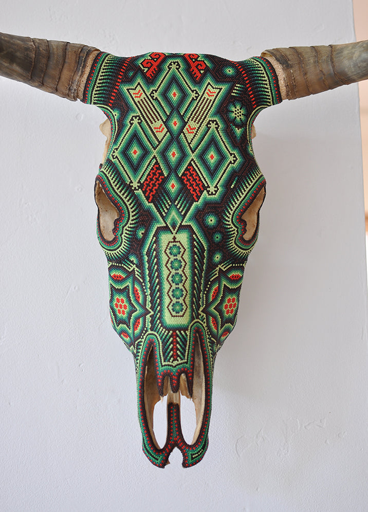 Huichol Beaded Skull:  Green & Red with Stars & Diamonds Motif