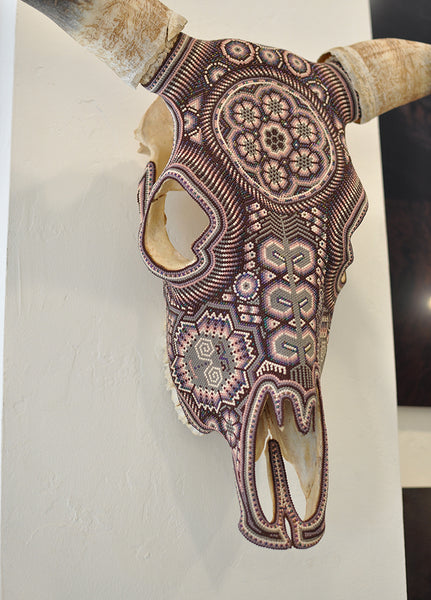 Huichol Beaded Skull:  Brown & Pink with Flower & Sun Motif