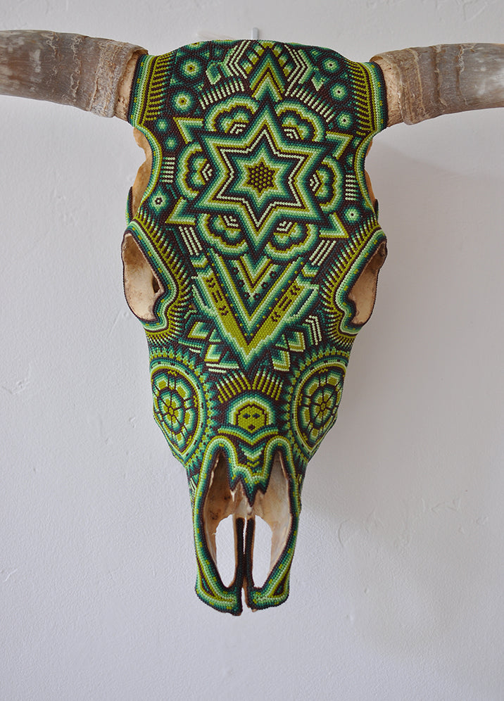 Huichol Beaded Skull:  Green & Brown with Abstract Star and Flowers Motif
