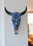 Huichol Beaded Skull:  Blue with Rabbits, Flowers & Scorpion Motif