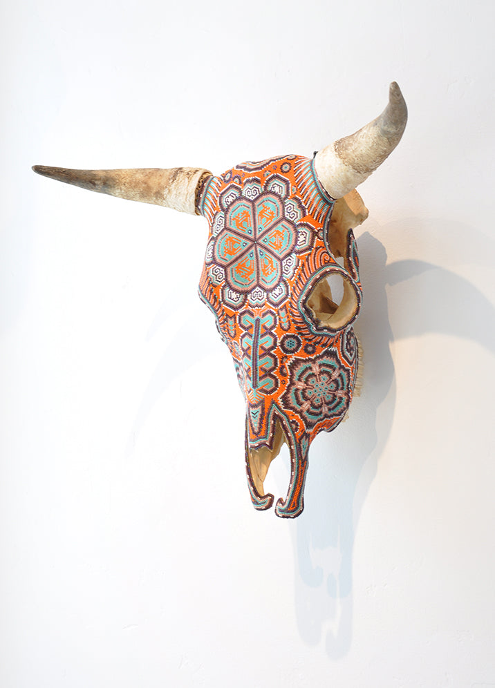 Huichol Beaded Skull:  Orange, Purple, Calypso Deer