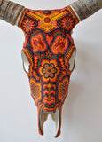 Huichol Beaded Skull:  Orange, Red with Two Llamas