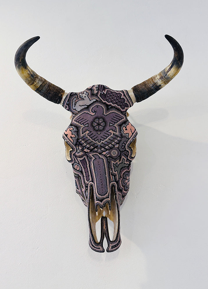 Huichol Beaded Skull: Lavender and Grey  w/ Rabbit and Thunderbird Motif