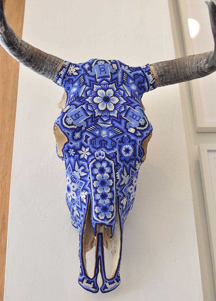 Huichol Beaded Skull: Bright Blue and White, Lotus Motif