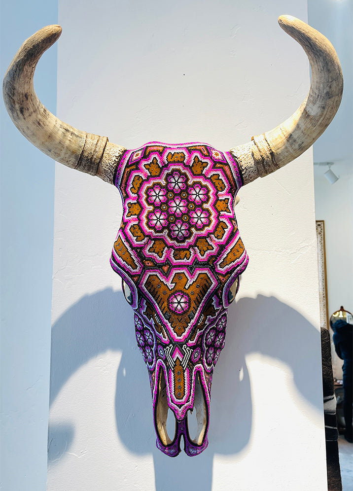 Huichol Beaded Skull: Purple with Eagle Motif